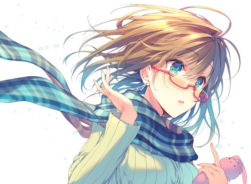 Anime Girl with Scarf — Blue, Calm, Digital Art, Glasses