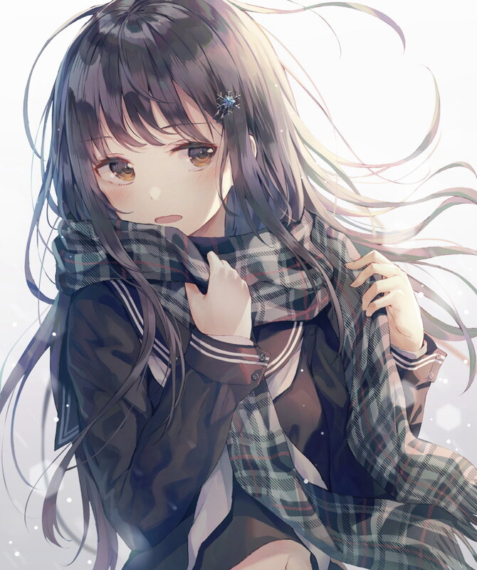 Anime Girl with Scarf — Gray, Calm, Winter, Digital Art