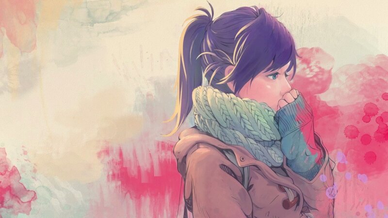 Anime Girl with Scarf — Purple, Contemplative