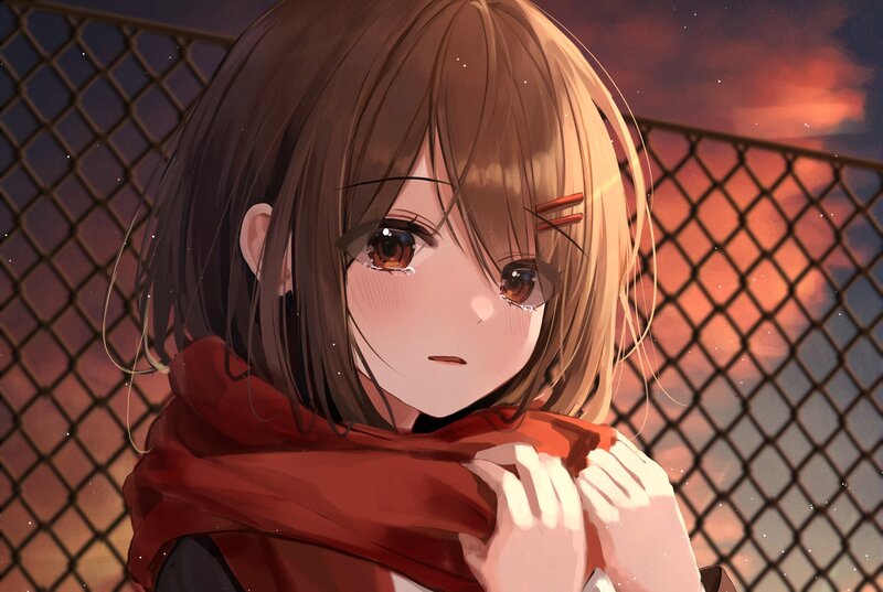 Anime Girl with Scarf — Red, Dramatic, Sunset, Digital Art, Chain-link Fence