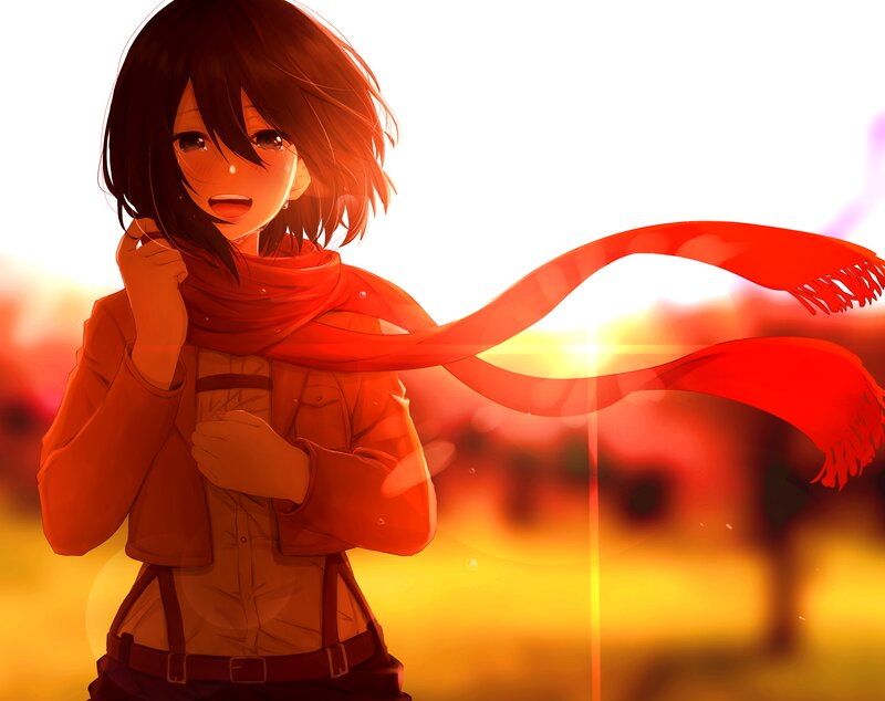 Anime Girl with Scarf — Red, Dramatic, Sunset, Digital Art