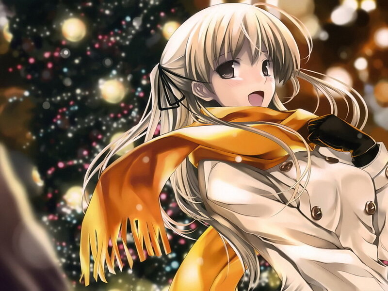 Anime Girl with Scarf — White, Festive