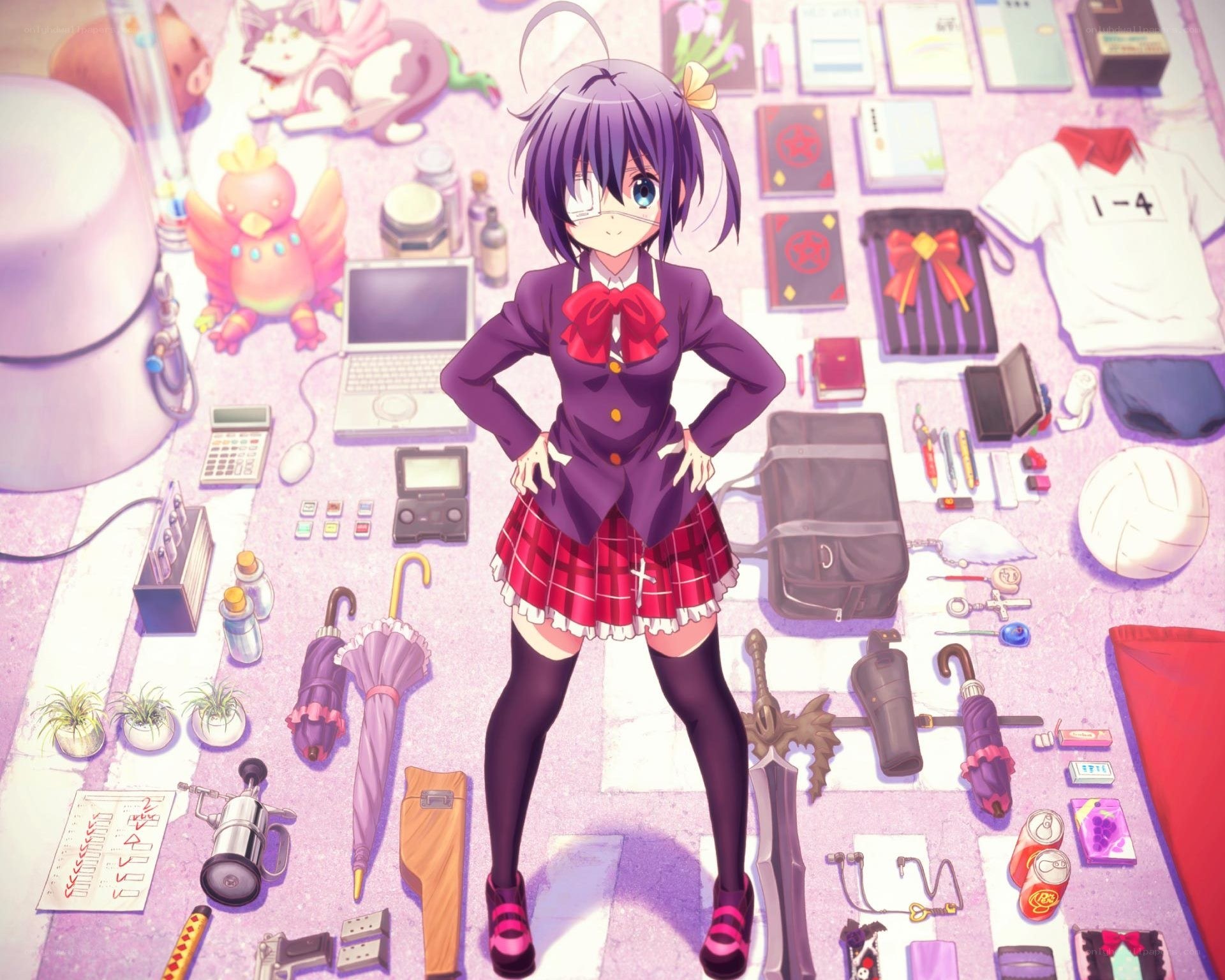 anime girl with scattered items