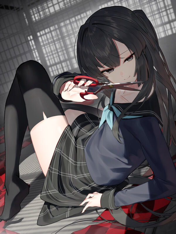 Anime Girl with Scissors — Black, Dramatic, Digital Art, School Uniform, Black Stockings
