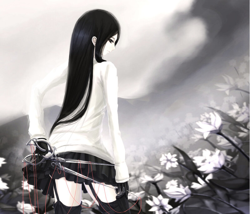 Anime Girl with Scissors — Black, Dramatic, Digital Art