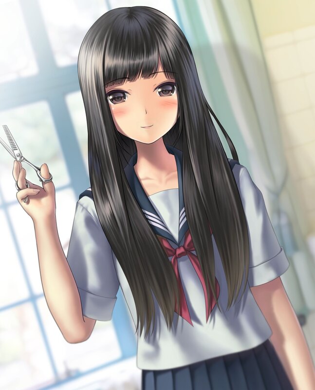 Anime Girl with Scissors — Gray, Calm