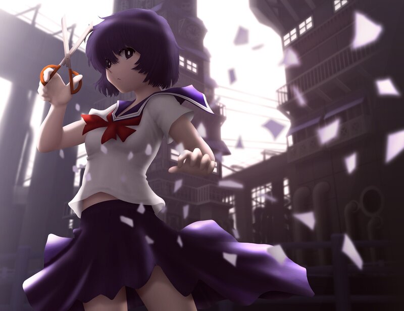 Anime girl with scissors in city