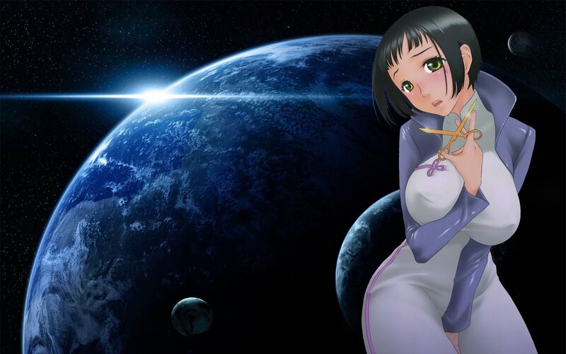 anime girl with scissors in space
