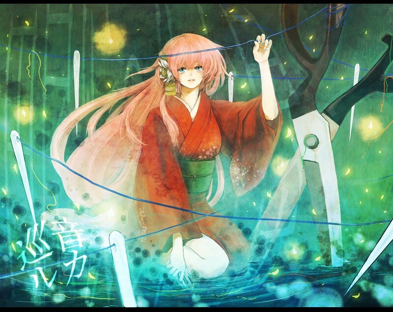 Anime girl with scissors in water