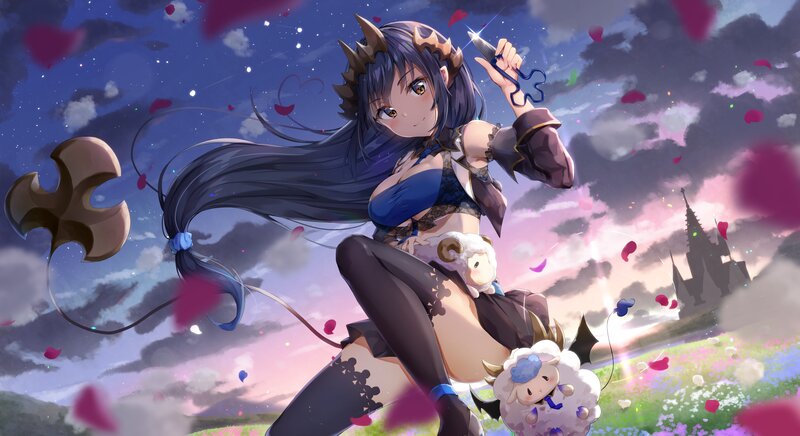 Anime Girl with Scissors — Purple, Dramatic, Sunset, Digital Art, Sheep