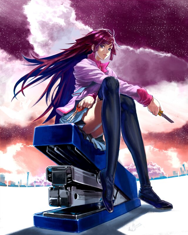 Anime Girl with Scissors — Purple, Dramatic, Sunset, Digital Art