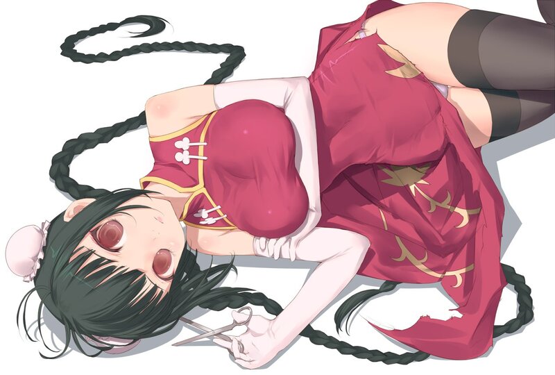 Anime Girl with Scissors — Red, Dramatic, Digital Art, Dress
