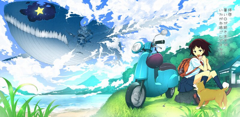 Anime girl with scooter and whale