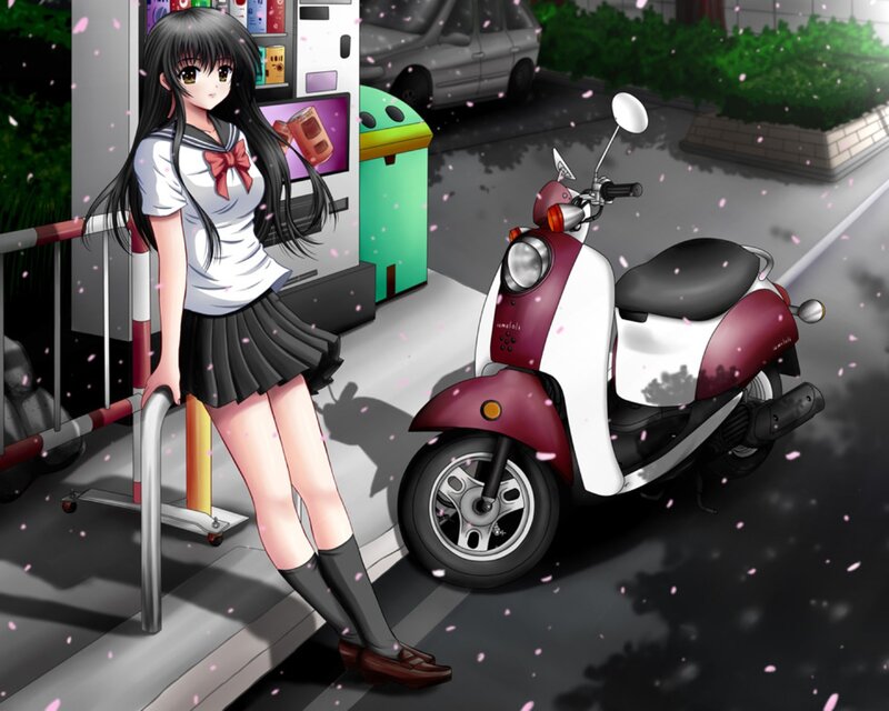 Anime Girl with Scooter — Black, Calm, Spring