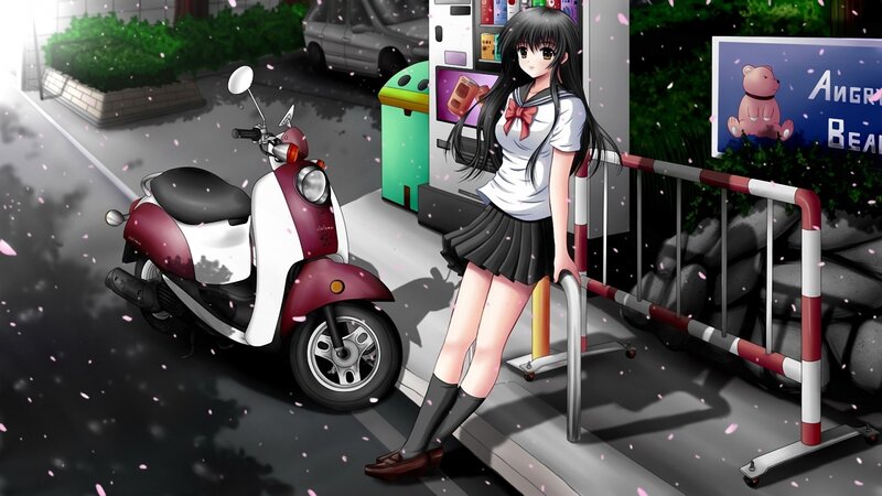 Anime Girl with Scooter — Black, Calm