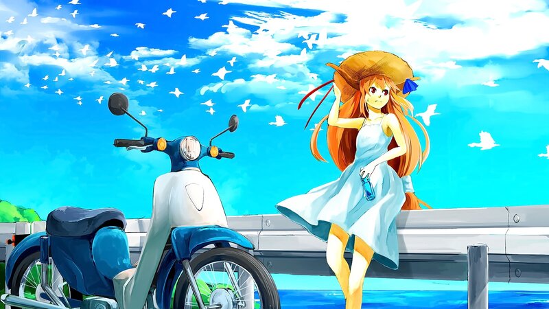 Anime Girl with Scooter — Blue, Serene, Afternoon, Birds