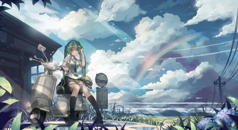 Anime girl with scooter under rainbow