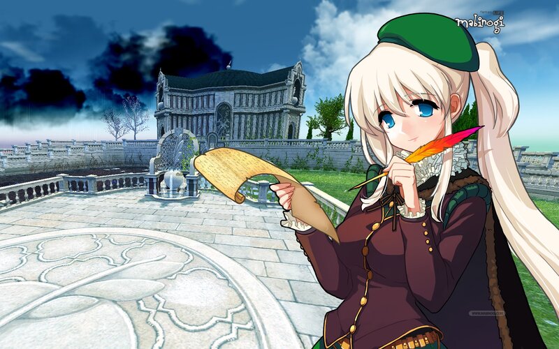 anime girl with scroll and quill