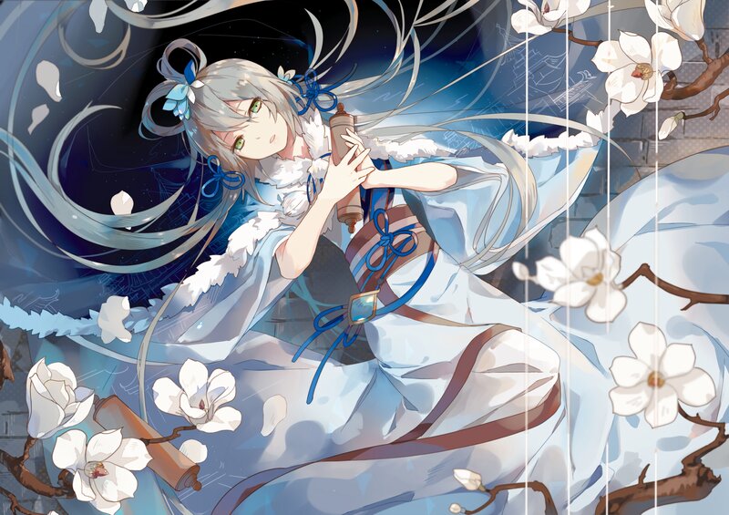 Anime Girl with Scroll — Blue, Serene
