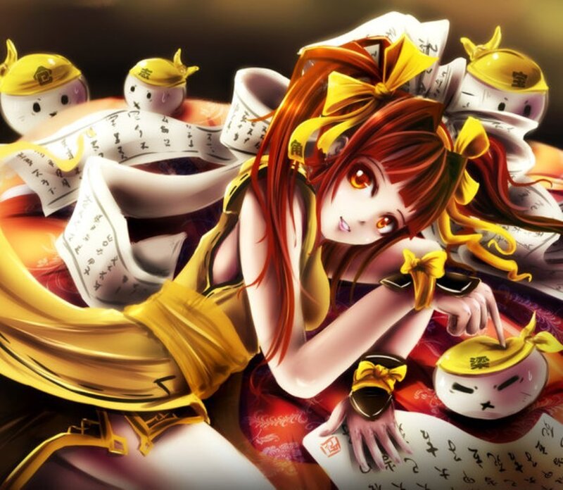 Anime girl with scrolls and dolls