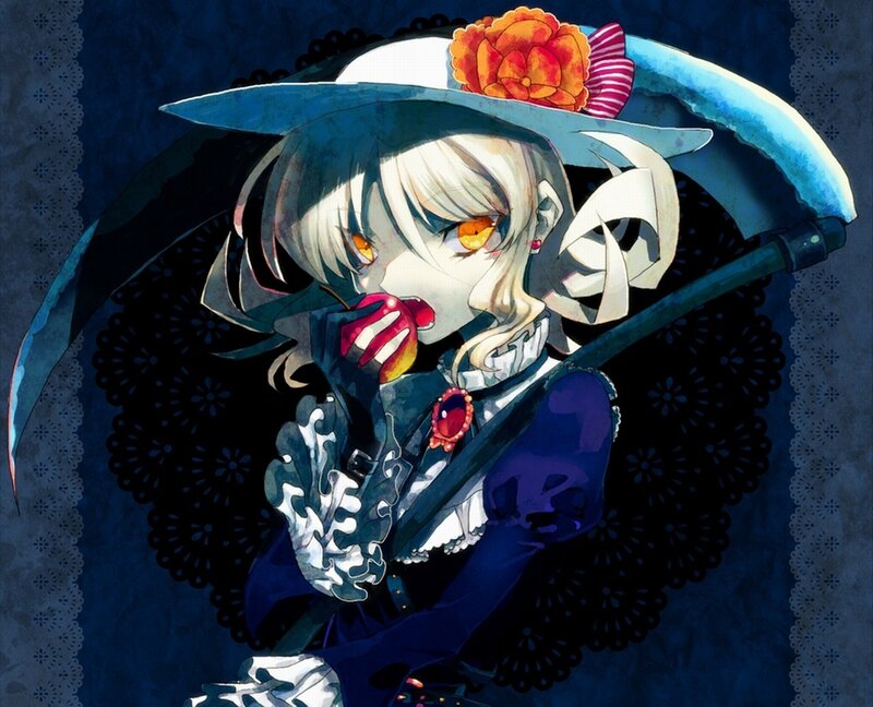 anime girl with scythe and apple