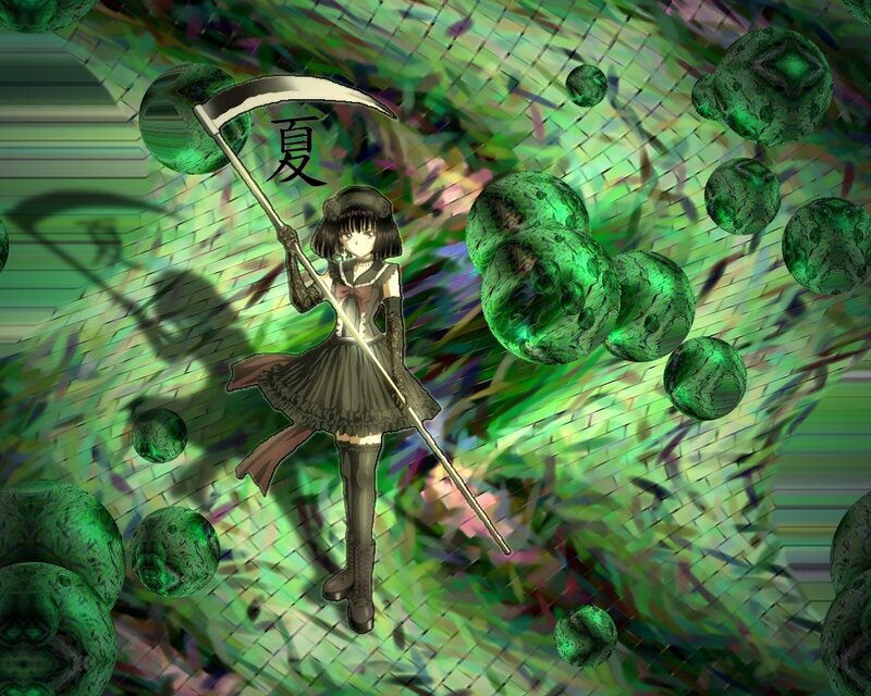 Anime girl with scythe and green orbs