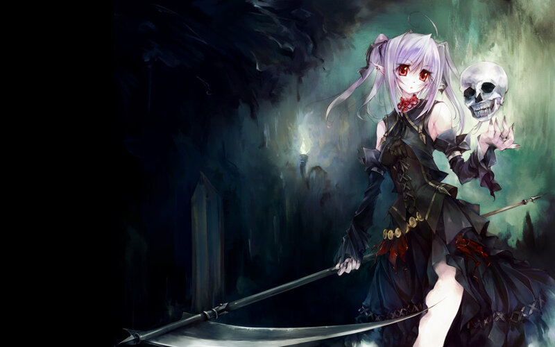 anime girl with scythe and skull