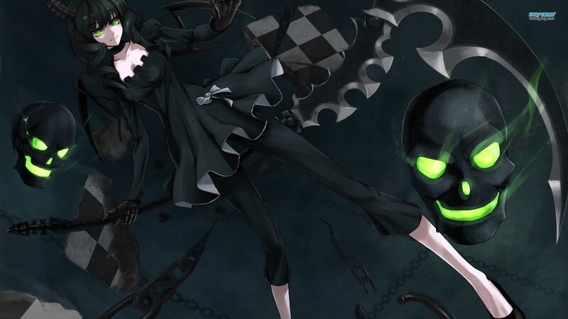 anime girl with scythe and skulls
