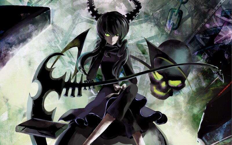 Anime Girl with Scythe — Black, Dark, Dramatic, Digital Art, Skull, Horns