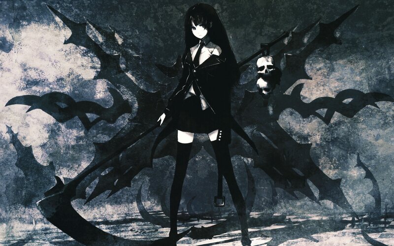 Anime Girl with Scythe — Black, Dark, Dramatic, Night, Digital Art, Skull, Bat Wings