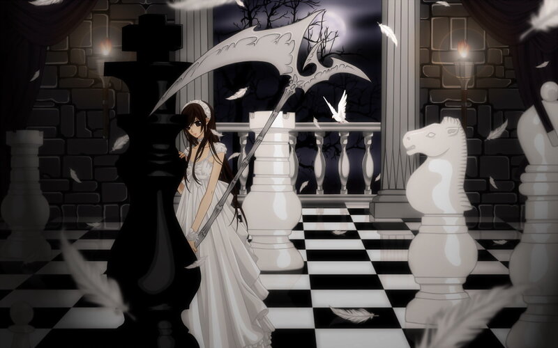 Anime Girl with Scythe — Black, Dramatic, Night, Digital Art, Chess Pieces