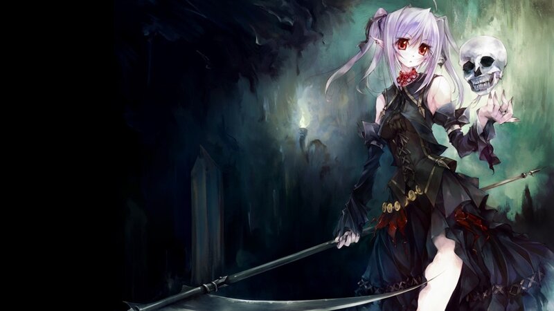 Anime Girl with Scythe — Black, Dramatic, Night, Digital Art, Skull, Dark Cave