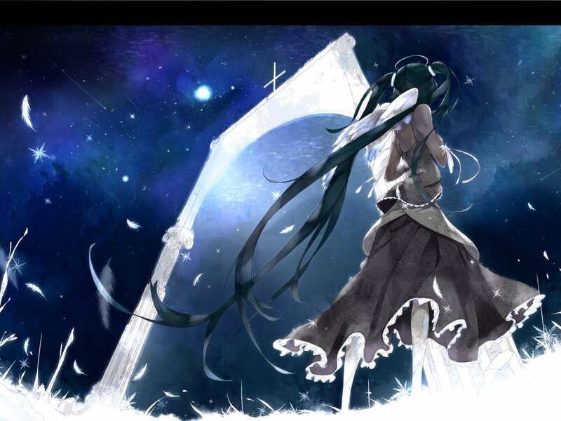 Anime Girl with Scythe — Blue, Dramatic, Night, Digital Art, Feathers, Stars
