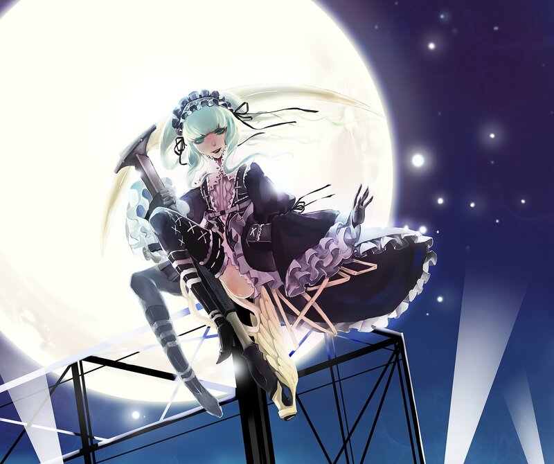 Anime Girl with Scythe — Blue, Dramatic, Night, Digital Art, Moon, Night Sky