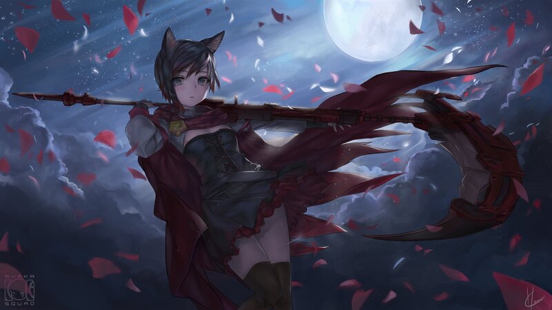 Anime Girl with Scythe — Blue, Dramatic, Night, Digital Art, Moon, Petals