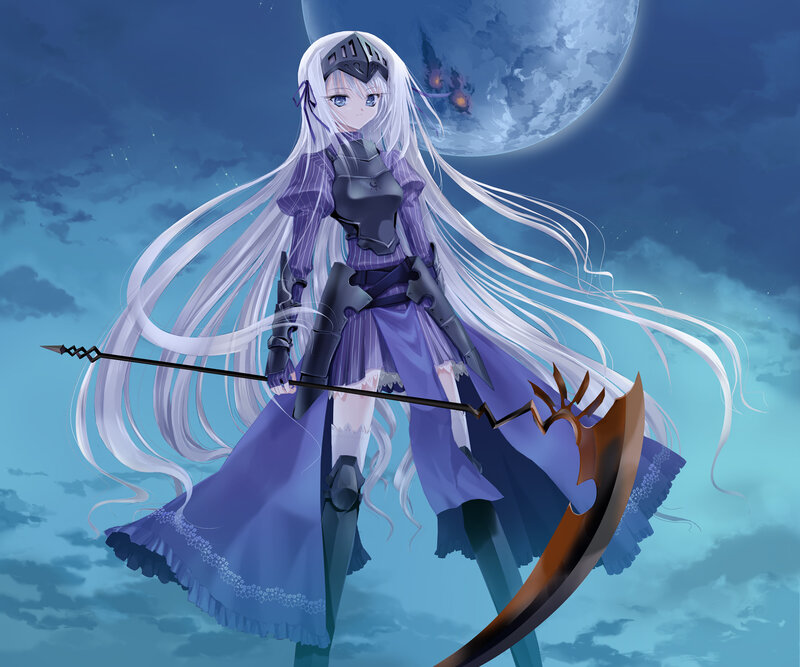 Anime Girl with Scythe — Blue, Dramatic, Night, Moon