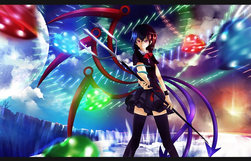 Anime girl with scythe in colorful sky
