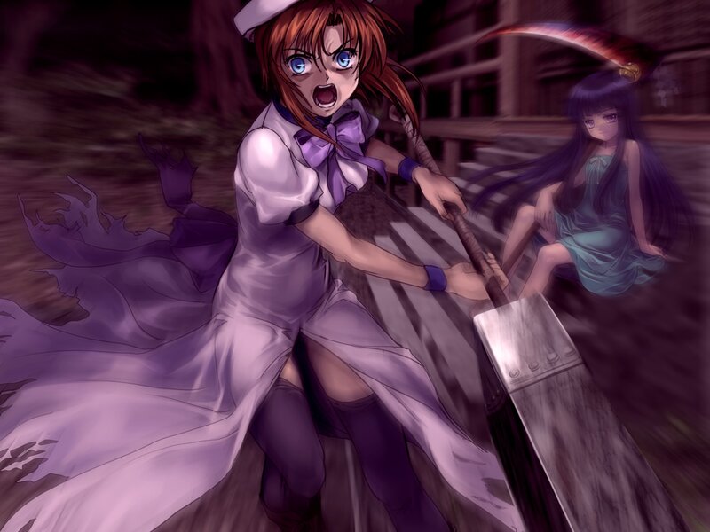 Anime girl with scythe in dark forest