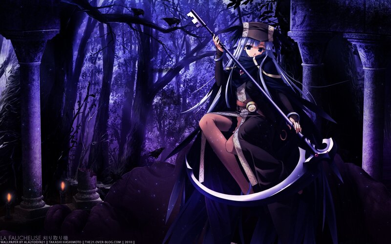 Anime girl with scythe in forest