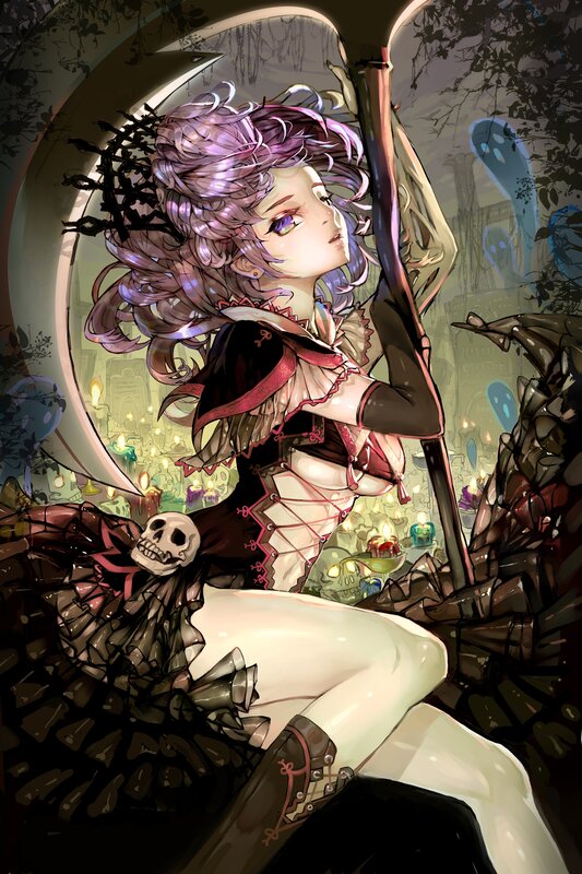 anime girl with scythe in graveyard