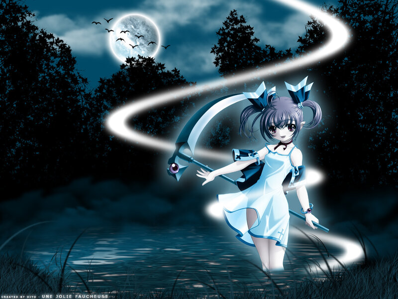 Anime girl with scythe in moonlight