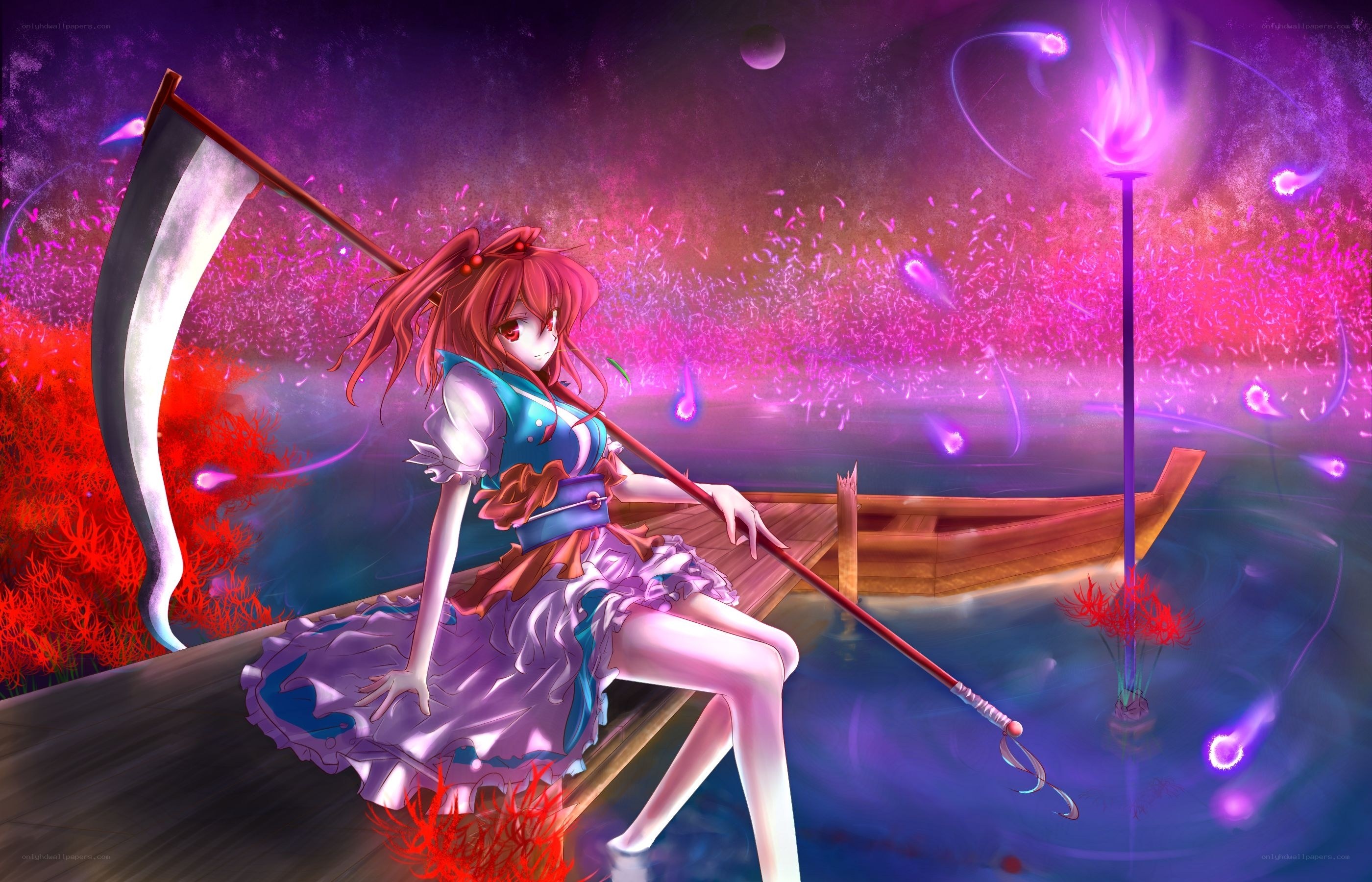 Anime girl with scythe on boat