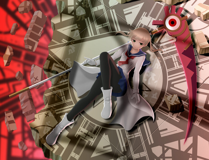 Anime girl with scythe on clock