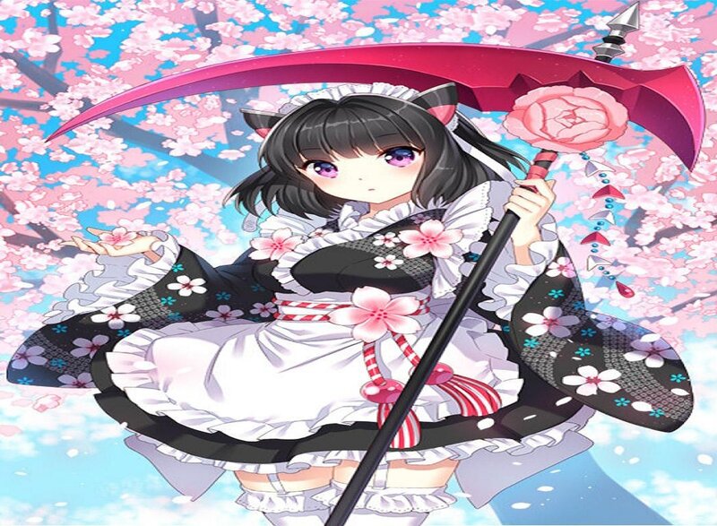 Anime Girl with Scythe — Pink, Serene, Spring