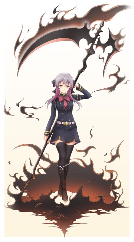 Anime Girl with Scythe — Purple, Dramatic, Flames