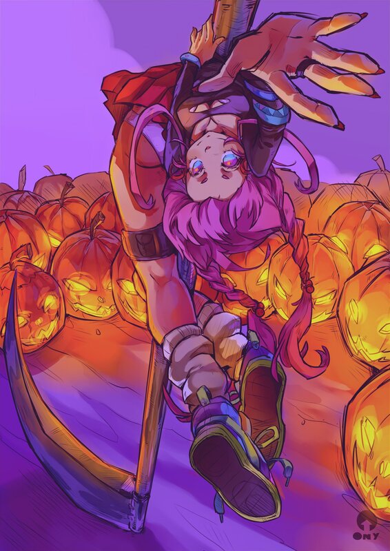 Anime Girl with Scythe — Purple, Dramatic, Night, Digital Art, Pumpkins