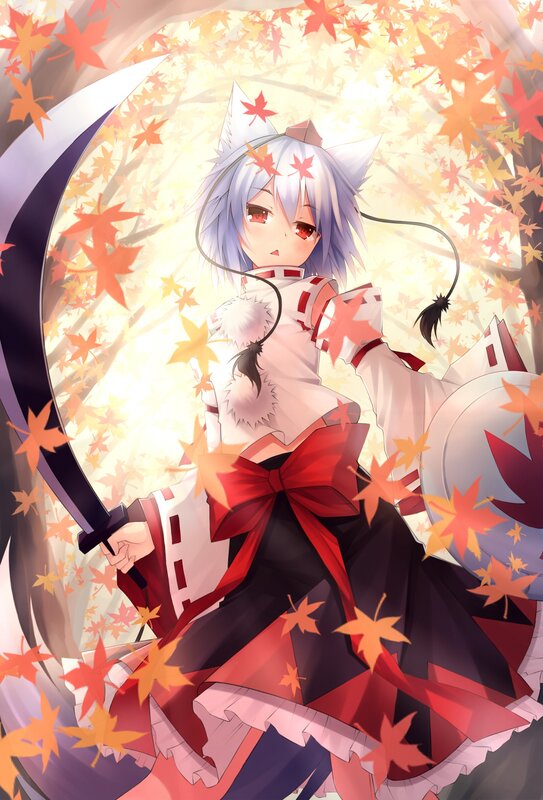Anime Girl with Scythe — Red, Dramatic, Autumn, Maple Leaves