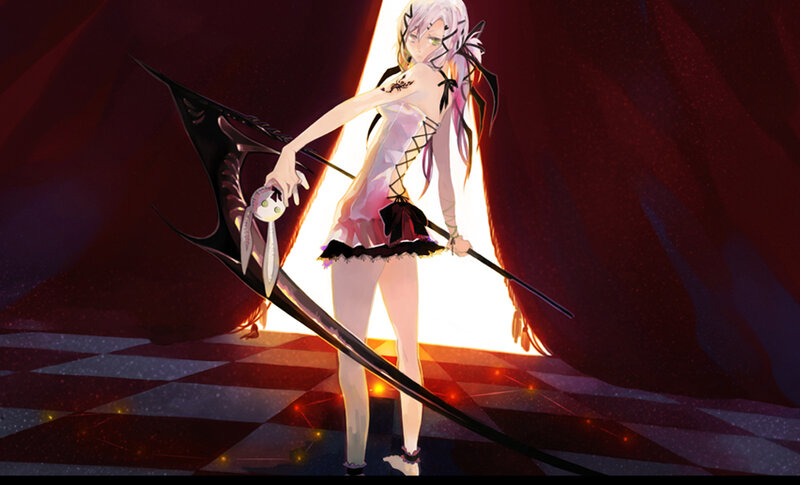 Anime Girl with Scythe — Red, Dramatic, Digital Art, Checkered Floor