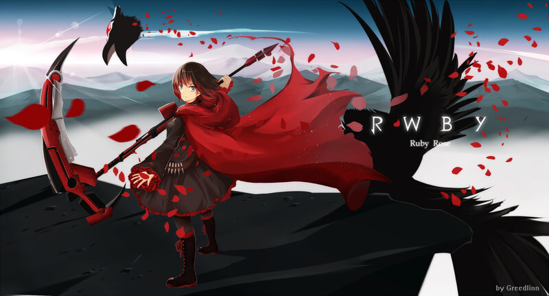 Anime Girl with Scythe — Red, Dramatic, Digital Art, Red Cape, Black Bird