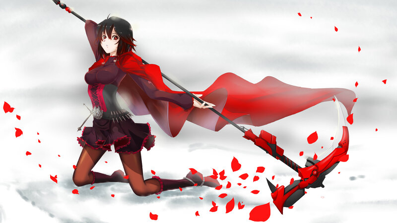 Anime Girl with Scythe — Red, Dramatic, Digital Art, Red Cape, Petals